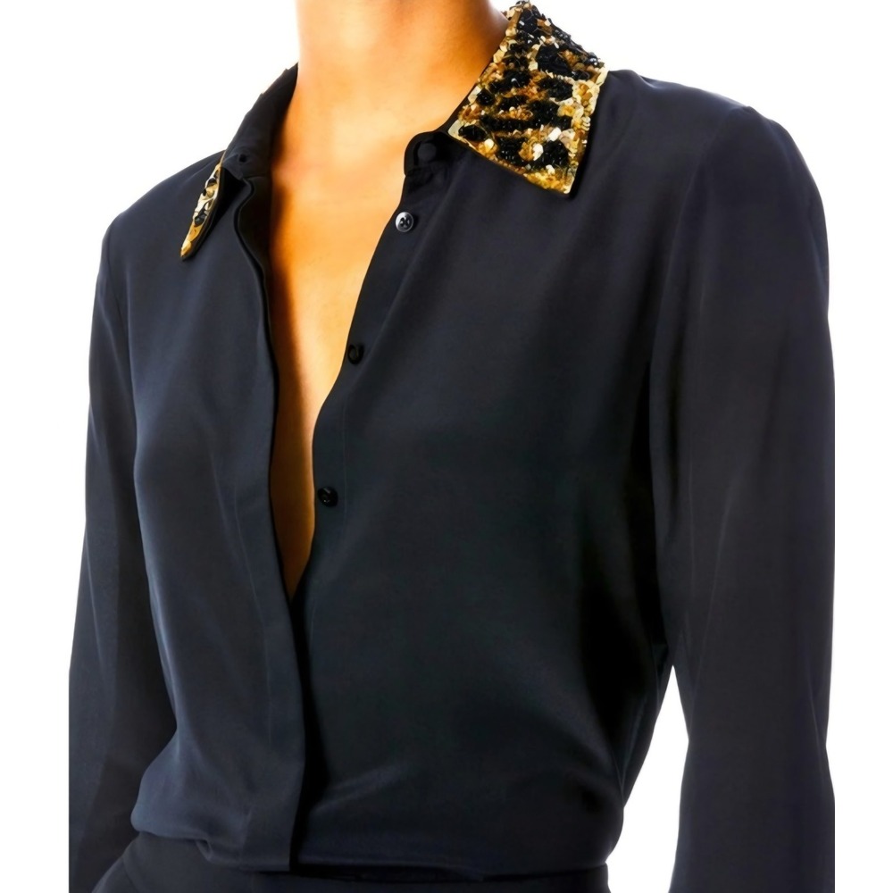 Alice And Olivia WILLA Blouse. Black. Gold Leopard Sequin Collar. XS